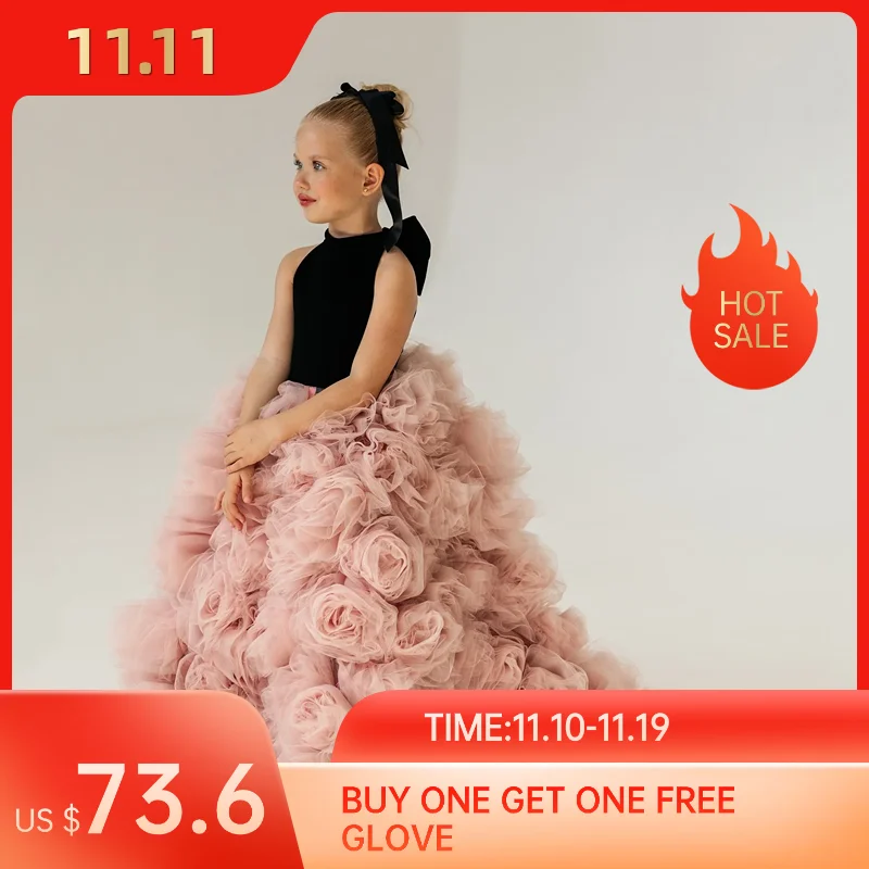 OIMG luksusowe balowe sukienki dla dziewczynek suknia z wysokim dekoltem suknia na przyjęcie weselne kwiaty długość podłogi księżniczka sukienka urodzinowa dostosowane