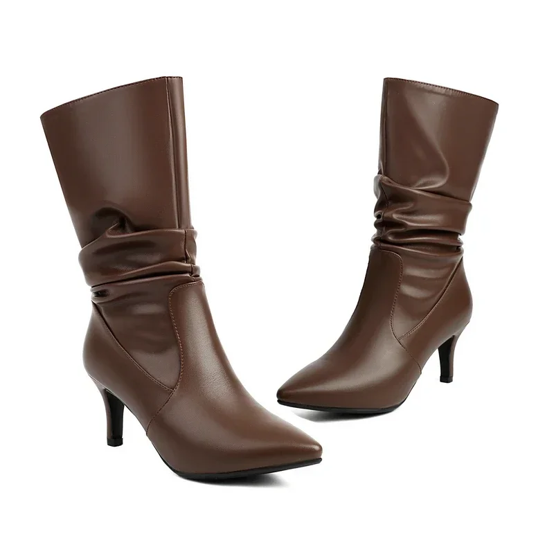 

Oversized 47 48 Women Stylish Shoes Shiny Golden Silver Pointed Toe Spike High Heels Botines Pleated Design Luxury Slip-on Boots