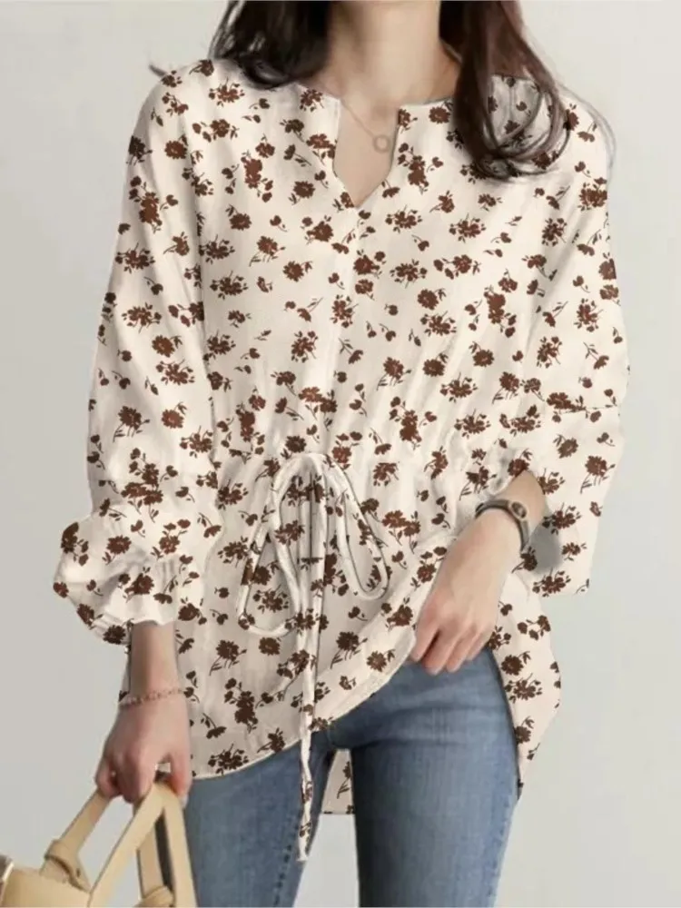 

Spring Autumn New Women's Fashion Printed Bubble Sleeves Sexy V-neck Strap Up Waist Shirt Casual Loose Top