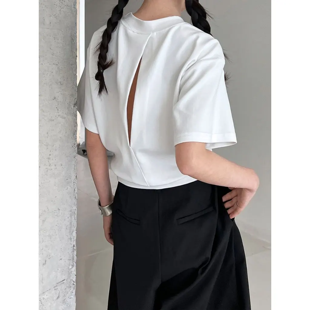 

Luxi French Loose High-End Slimming Women's T-shirt Short-Sleeved Backless Top for Summer Tight Waist Design
