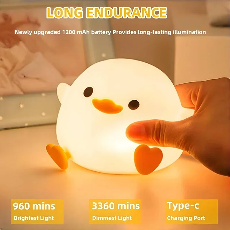 LED-Nachtlicht, niedliche Ente, Cartoon-Tiere, Silikonlampe für Kinder, Kinder, Touch-Sensor, Timing, USB wiederaufladbar, für Geburtstagsgeschenke