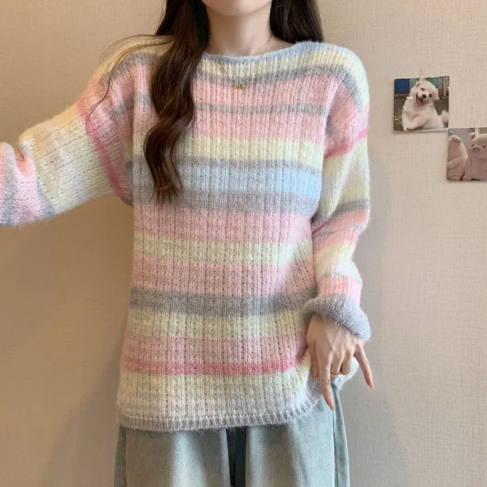 Jersey Mujer Fall Winter Fashion New Jumper O Neck Tenderness Rainbow Strip Rainbow Knitted Sweater Casual Loose Pullover Women