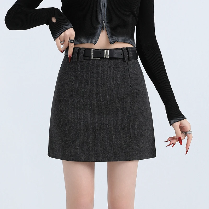 

Womens Woolen Midi Skirt Autumn Winter Short Stature High Waist Slimming Effect A Line Hip Wrap Anti Glare Short Skirt