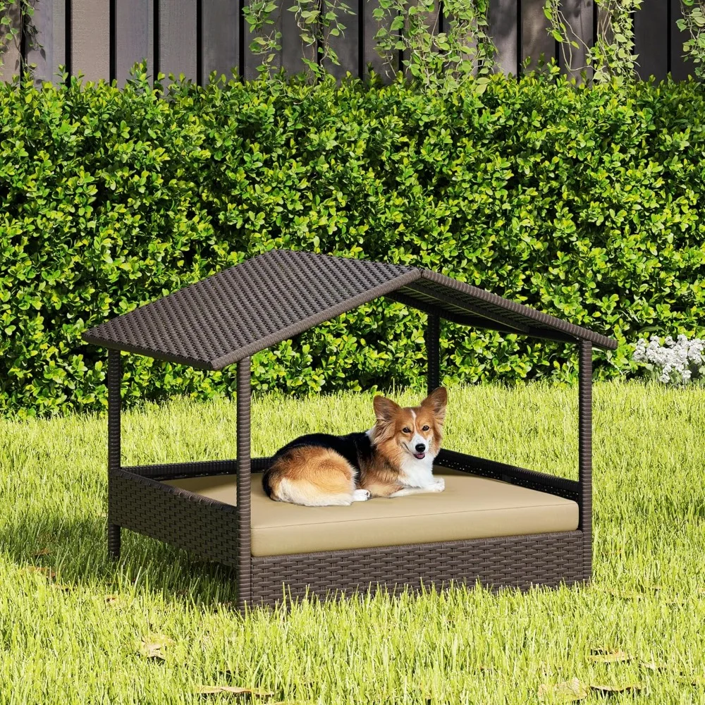 

Wicker Dog House Outdoor Indoor with Canopy, Elevated Dog Shelter Dog Bed with Cushion for Small/Medium Dogs, Shade
