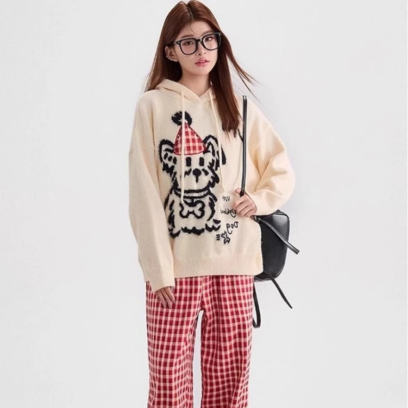 Women Lazy Style Cartoon Dog Print Hooded Sweater Loose Long Sleeve Knit Pullover Casual Top
