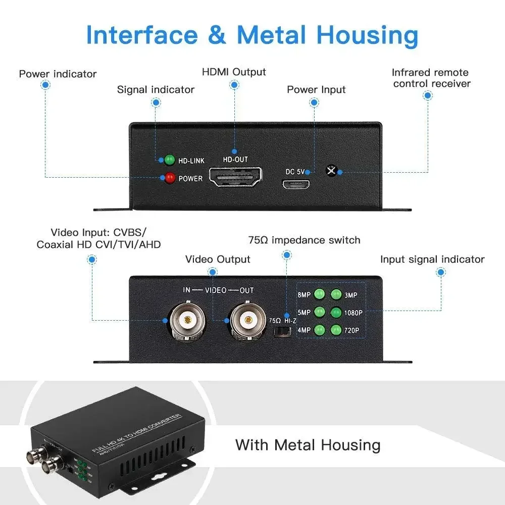 Convertitore Video Da 8MP Ahd/Cvi/Tvi A Hdmi, Supporta Telecamere Cctv 8Mp/Telecamere TVI 5MP/4MP/3MP/1080P/720P-image