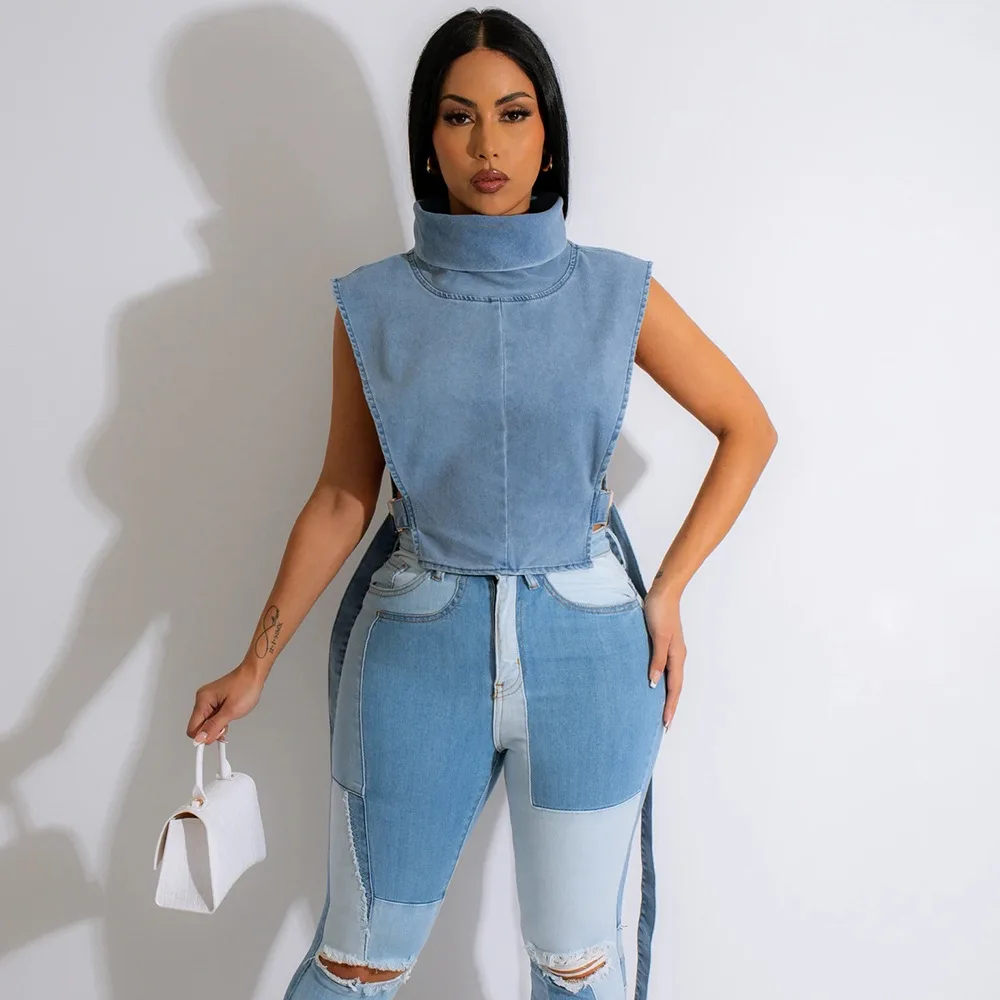 

Summer Denim Sleeveless Jacket Women Sexy Buckle Lace-up Y2K Clothes Safari Stand Collar Cropp Top Hipster Casual Street