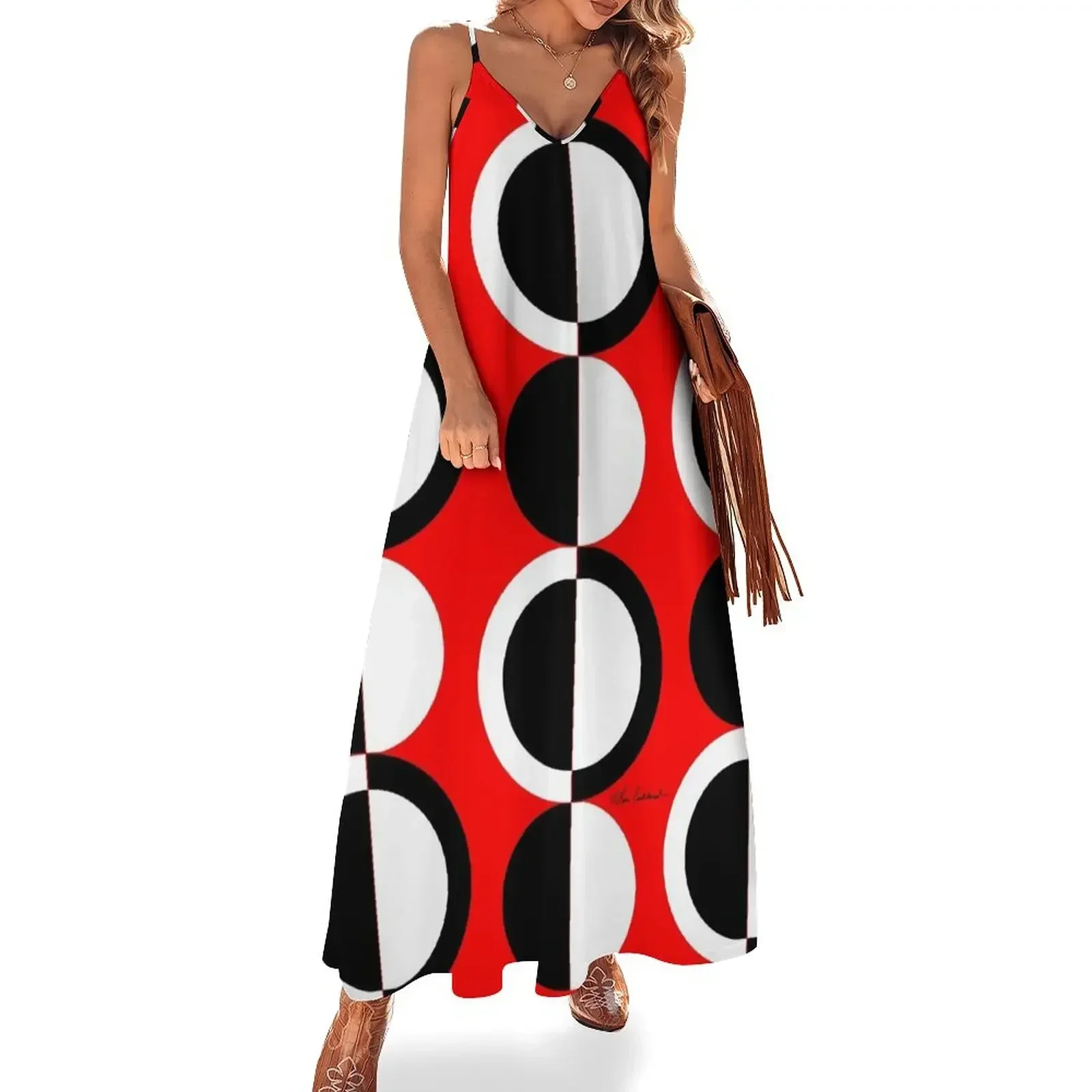 

Red Black White Mod Circles Sleeveless Dress women's evening dresses summer dress Woman dresses prom clothes Dress