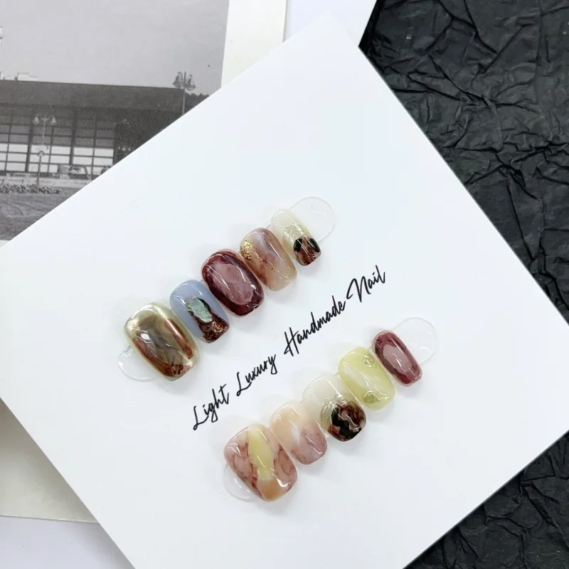 Handmade Fake Nails Set for Gluing Medium Short Press Ons Nails with Charms Square Reusable Adhesive Nails with Box and Tools