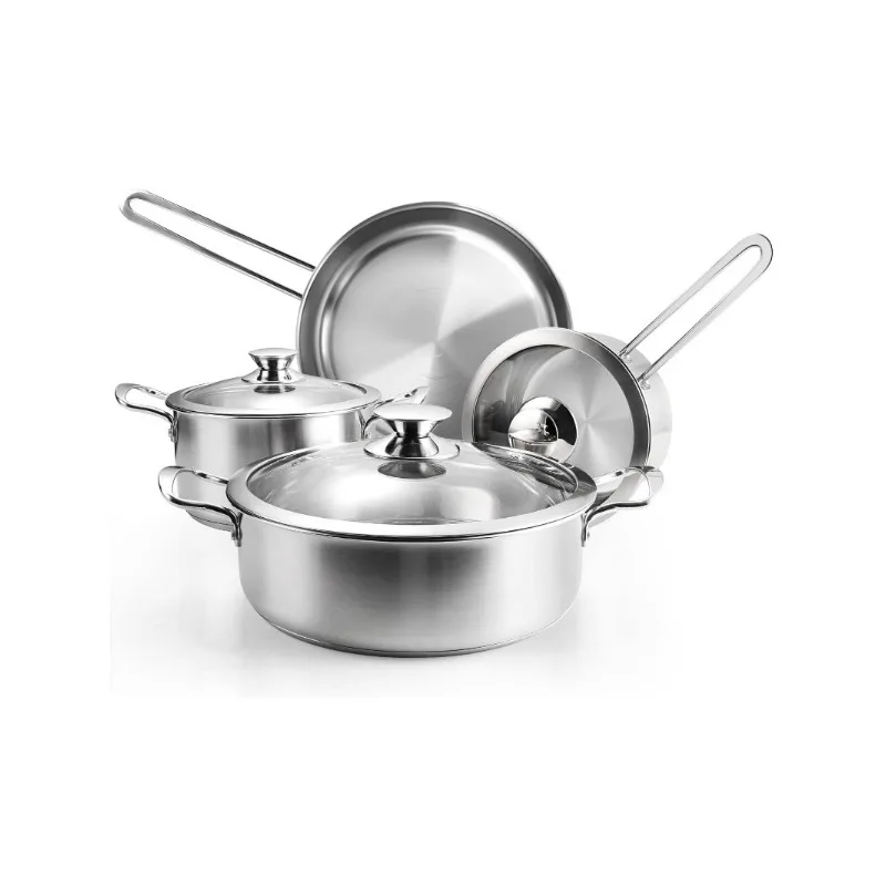 

Stainless Steel Pots and Pans Set, 7-Piece Kitchen Cookware Sets with Glass Lids, Stay-Cool Handle, Oven Safe, Works with Induct