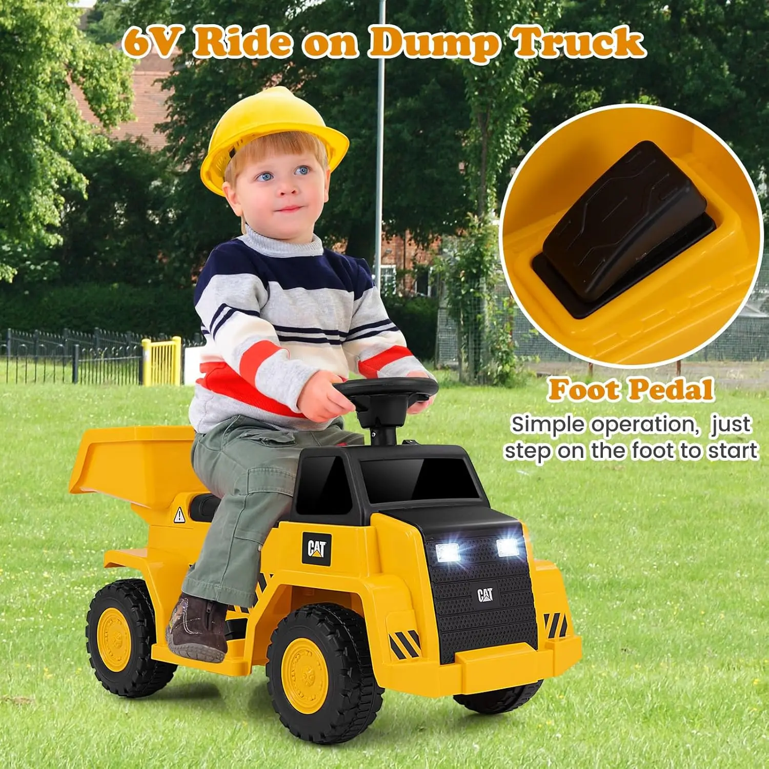 Licensed Ride on Dump Truck, 6V Cat Construction Car Electric Vehicle with Adjustable Dump Bed, Horn, Headlight, Bucket, Battery