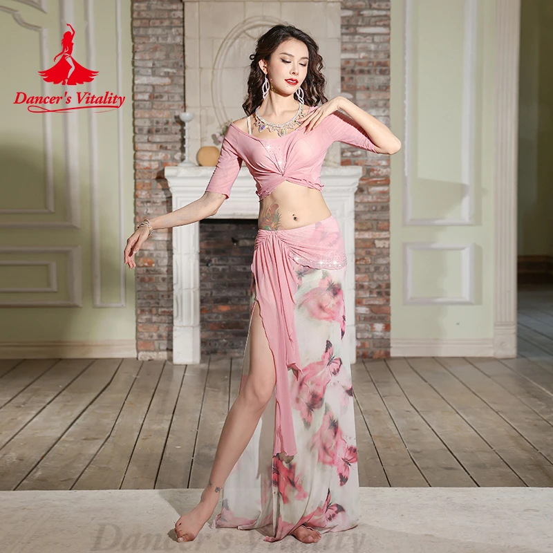 

Belly Dance Costume Set for Women Mesh Half Sleeves Top+Printed Split Skirt Oriental Dancing Performance Clothing Outfit