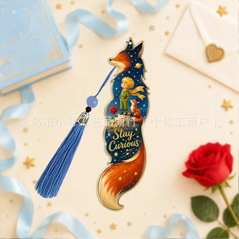 Vintage Little Prince Acrylic Bookmark Starry Moon Fox Rose Print Page Marker with Navy Tassel,Reading Accessory Gift