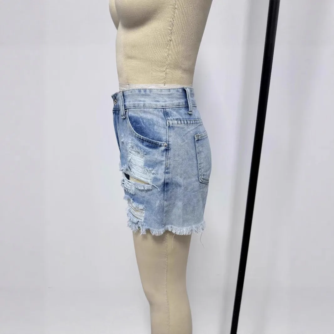 Women's High Waist Ripped Washed Cotton Capri Fringe Denim Shorts Blue Casual Straight Leg Jorts for Women with Distressed view 2