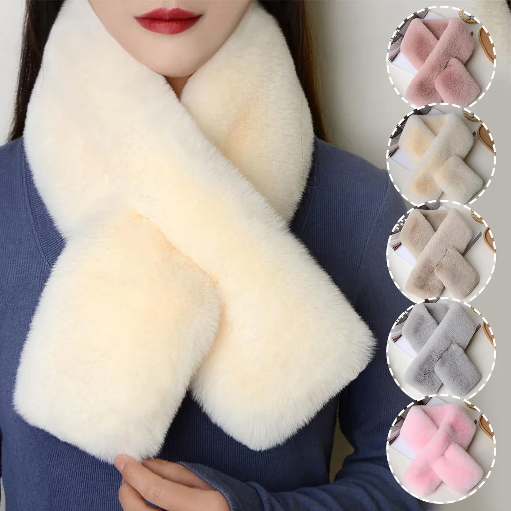 Winter Warm Cross Scarves For Women Faux Rabbit Fur Scarf Plush False Collar Fluffy Shawls Rabbit Fur Neck Warmer Neckerchief