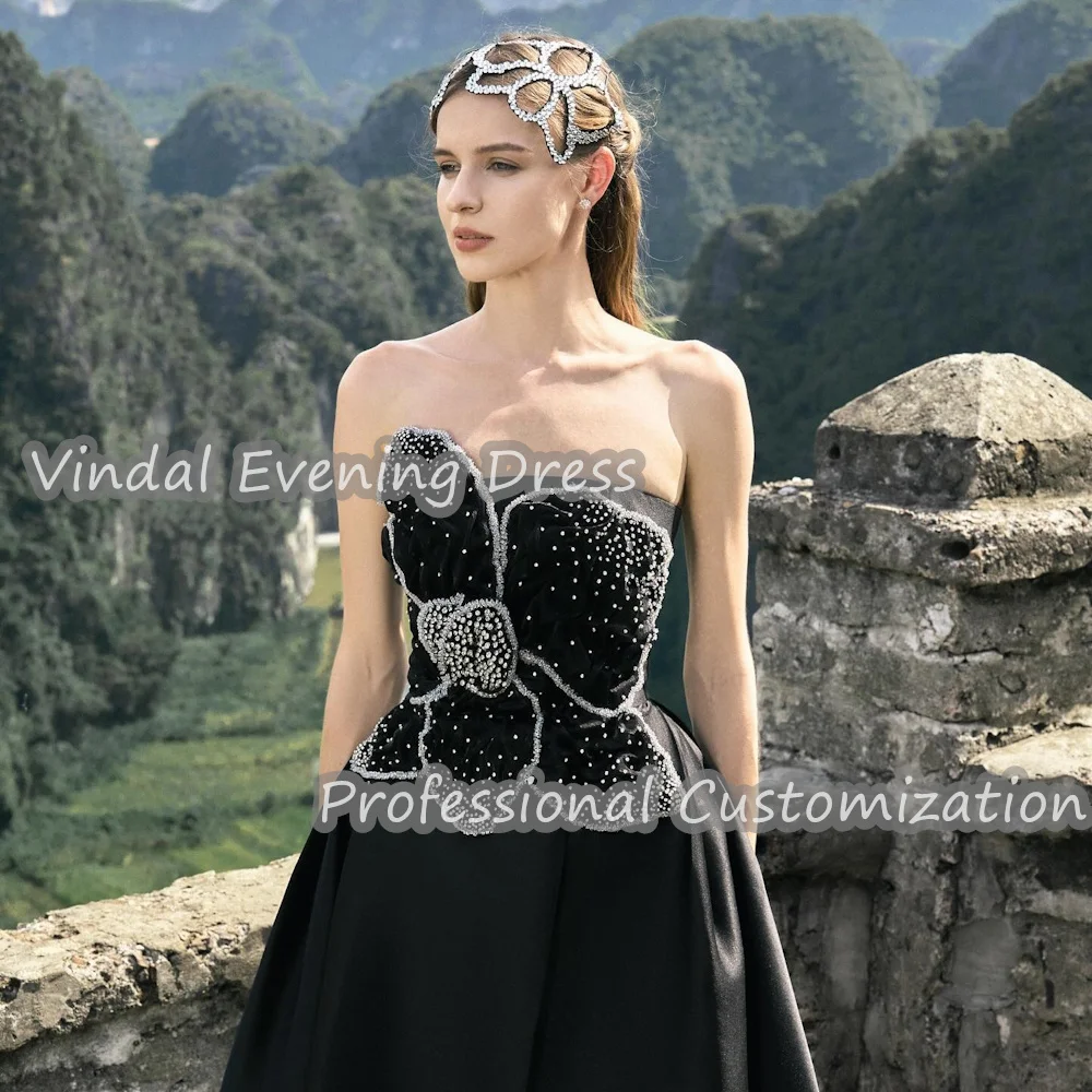 Vindal Evening Dress Strapless Floor Length A-Line Satin Built-in Bra Beaded Sexy Elegant Sleeveless Saudi Arabia For Woman 2024