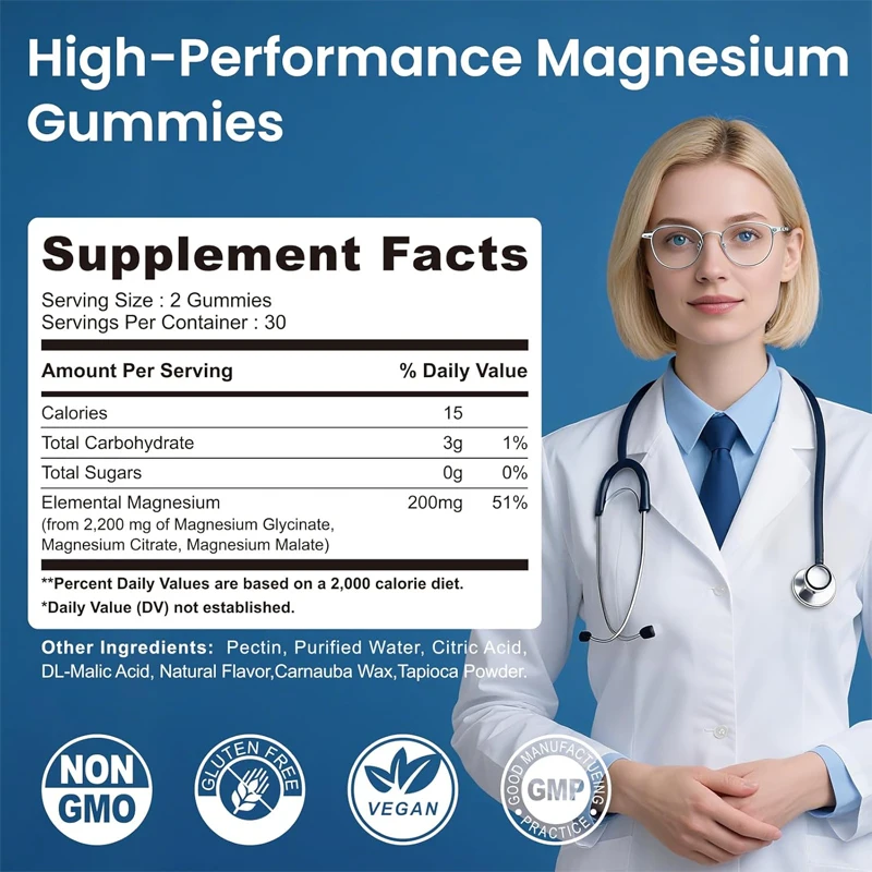 Magnesium glycinate gummies 2200mg, high absorption magnesium glycinate, citrate, sugar free, vegetarian, blueberry, 60 gummies