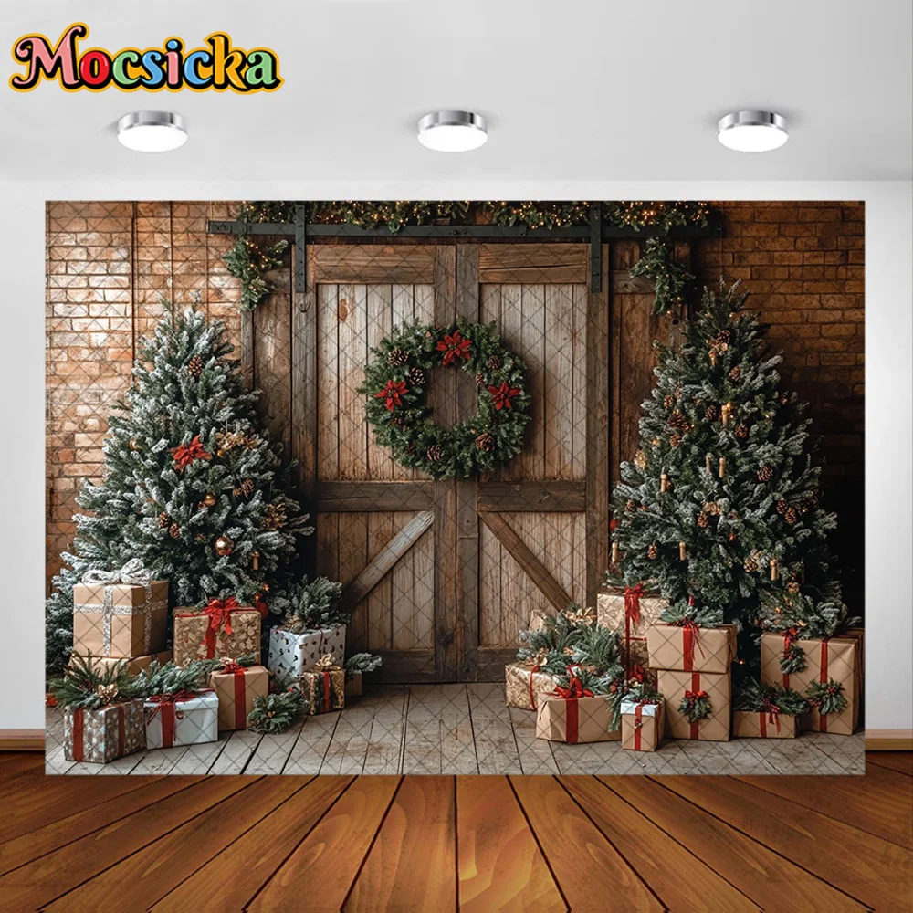 Mocsicka 写真撮影の背景 クリスマスルーム ツリードア リース 装飾背景 家族 子供 クリスマス ホリデー パーティー プロム スタジオ