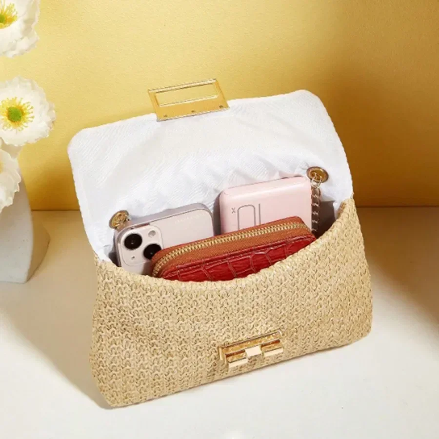 حقيبة كروس نسائية من القش المنسوج، محفظة كروس عصرية منسوجة يدويًا مع قفل إغلاق حقيبة يد بسيطة حقيبة كتف للنساء #4