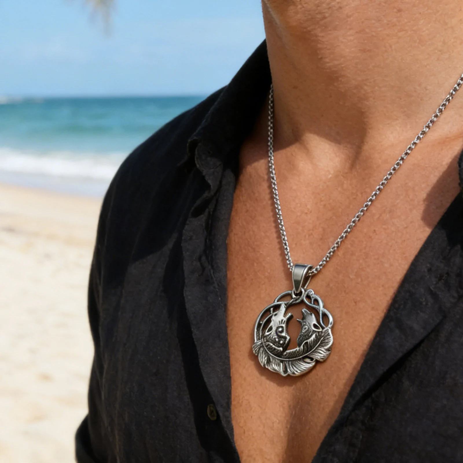 LNCHRAN Herren-Halskette aus 316L-Edelstahl mit hohlem Doppelwolffeder-Kreisanhänger, Box-Kette, nordischer Vintage-Schmuck, Geschenk für Männer