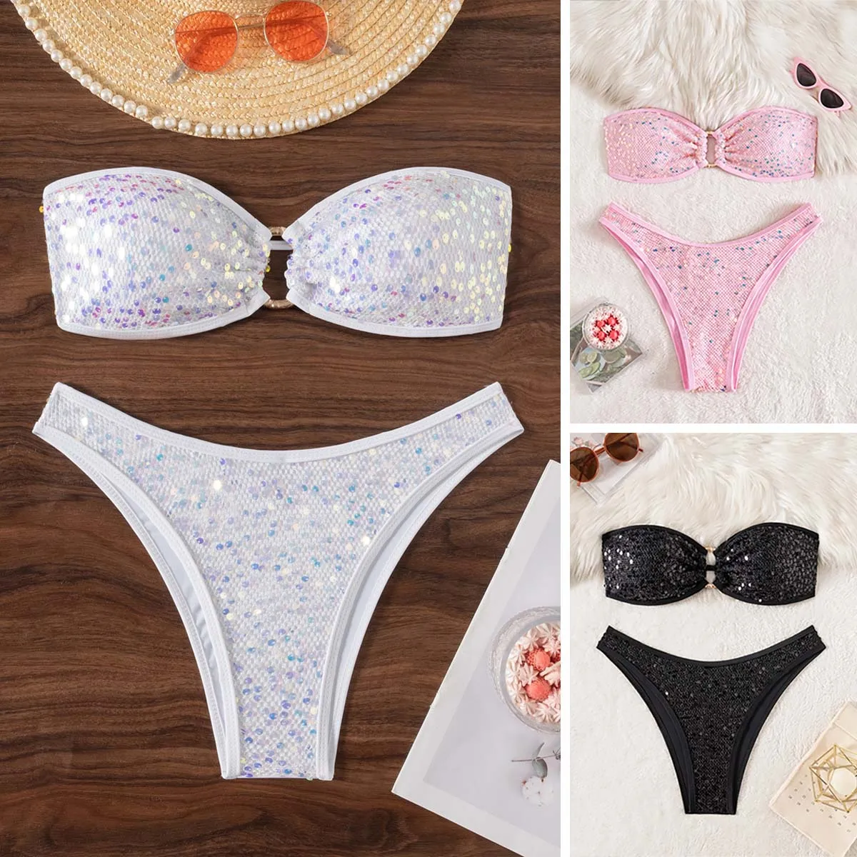 Sexy Bandeau Push Up Bikini Swimwear Sequined Brazilian Bikinis Women Glitter Ring Linked Swimsuit Blingbling Beach Bathing Suit
