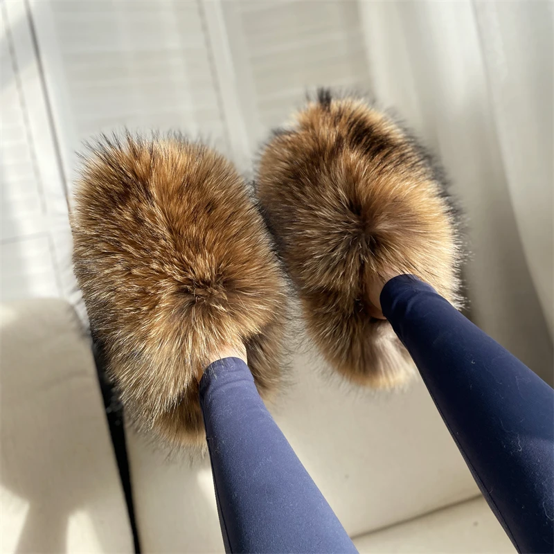 New Arrival Soft Luxury Brown Brown Big Size Raccoon Fur Slides Fox Fur Slippers