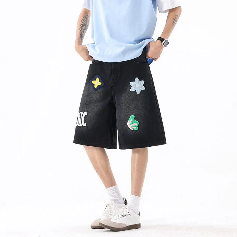 Streetwear กางเกงยีนส์เข่าความยาวแฟชั่น Patch รูปแบบผู้ชายห้านาทีกางเกงฤดูร้อน Hip Hop INS Baggy DENIM กางเกงขาสั้น