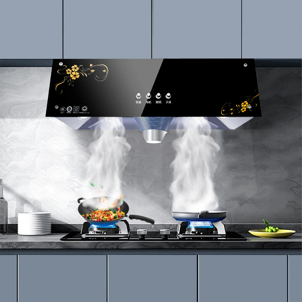 تسليم سريع جودة عالية متعددة نمط الصينية أعلى شفط شفاطات المطبخ المنزلية شفط كبير محرك مزدوج اغطية المطبخ