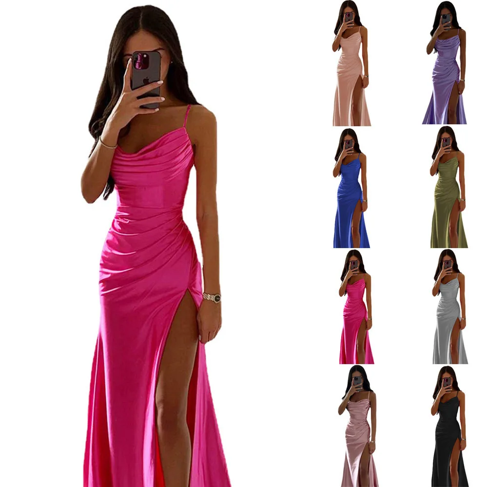 Women's Spring New Bra Shrink Pleated Split Satin Dress Sexy Slim Fit Wrap Hip Dress