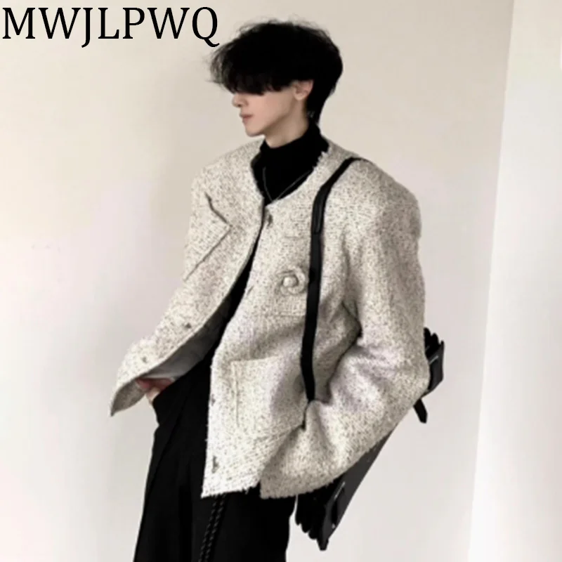 

MWJLPWQ Homespun Flower Shoulder Pad Men's Suit Jacket High Street Single Breasted White Thicken Elegant Tide Tops Winter 010756