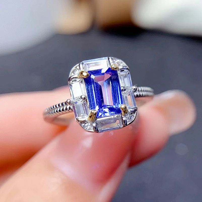 0.8ct 100% Natural Tanzanite Ring for Engagement 5mm*7mm VVS Grade Tanzanite 925 Silver Ring with 18K Gold Plating