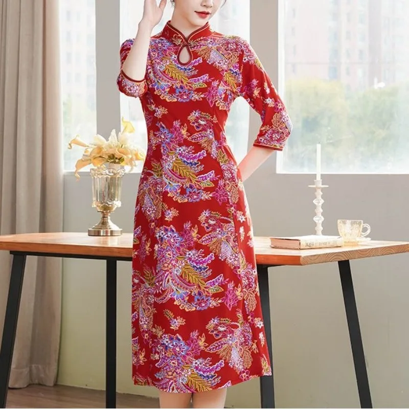 Chinese Style Summer Women's 2024 New Patchwork Stand Collar Printed Fashion Slim Minimalist Comfortable Half Sleeves Dresses