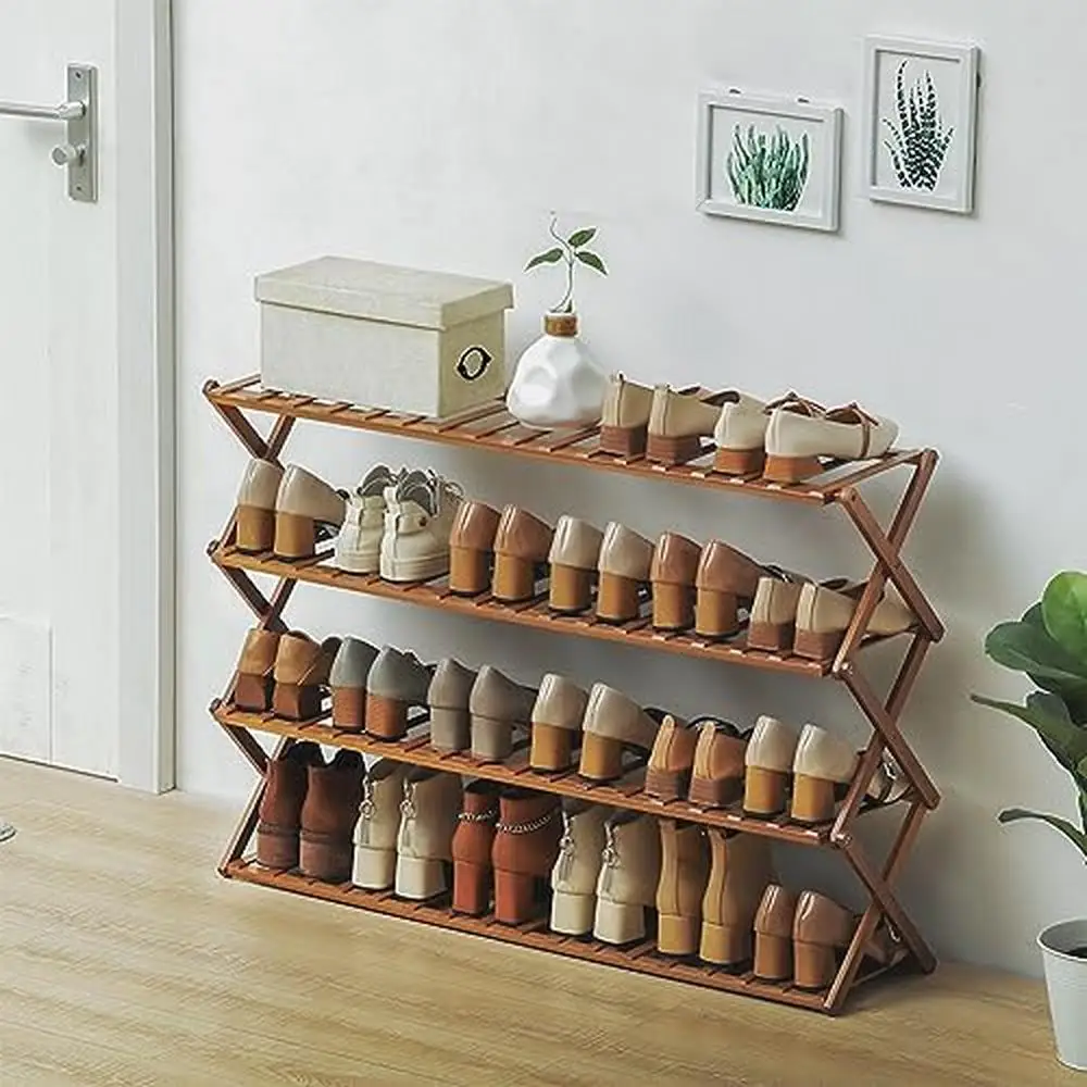 Bamboo Shoe Rack 4 Tier Eco-friendly Free Standing Organizer Hallway Bathroom Entryway Storage Shelf Tiered Simple Design