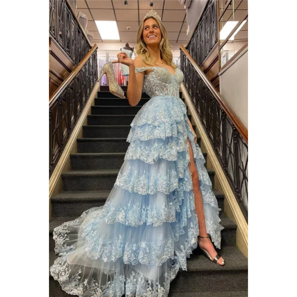 سباركلي المتدرج تول السباغيتي الأشرطة فساتين لحضور الحفلات الموسيقية الدانتيل زين فستان طويل الأميرة مشد رسمي رداء حفلات السهرة مع شق