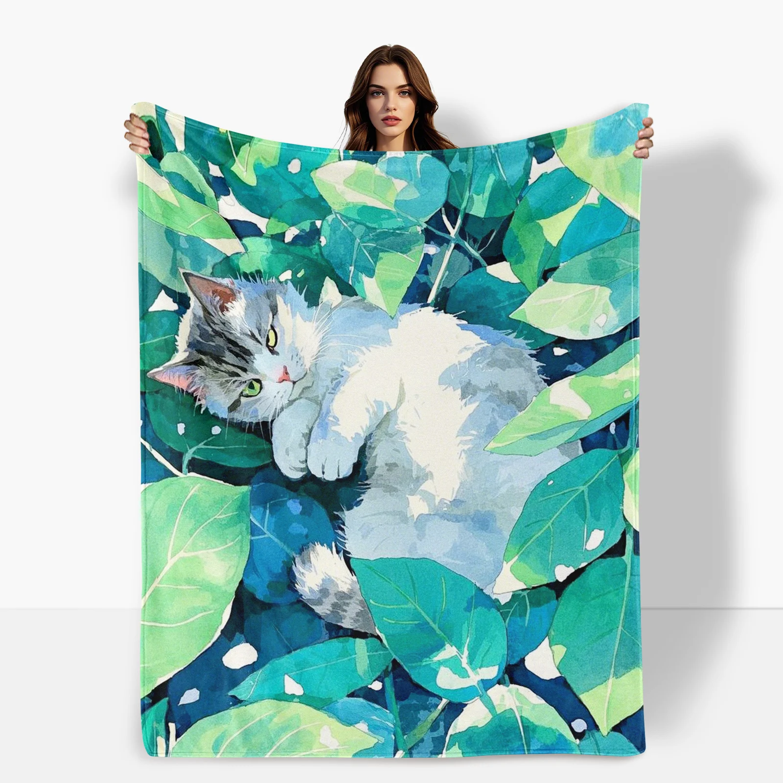 Exquisite Watercolor Cat In Leafy Setting Blanket For Family Showcases Peaceful Feline Moments