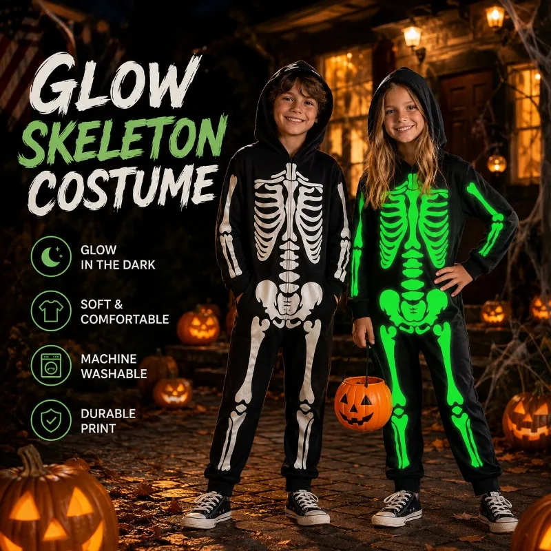 Halloween Kids Skeleton Costume Glow in The Dark Hooded Jumpsuit Boys Girls Skull Cosplay Outfit Trick or Treat Party Wear