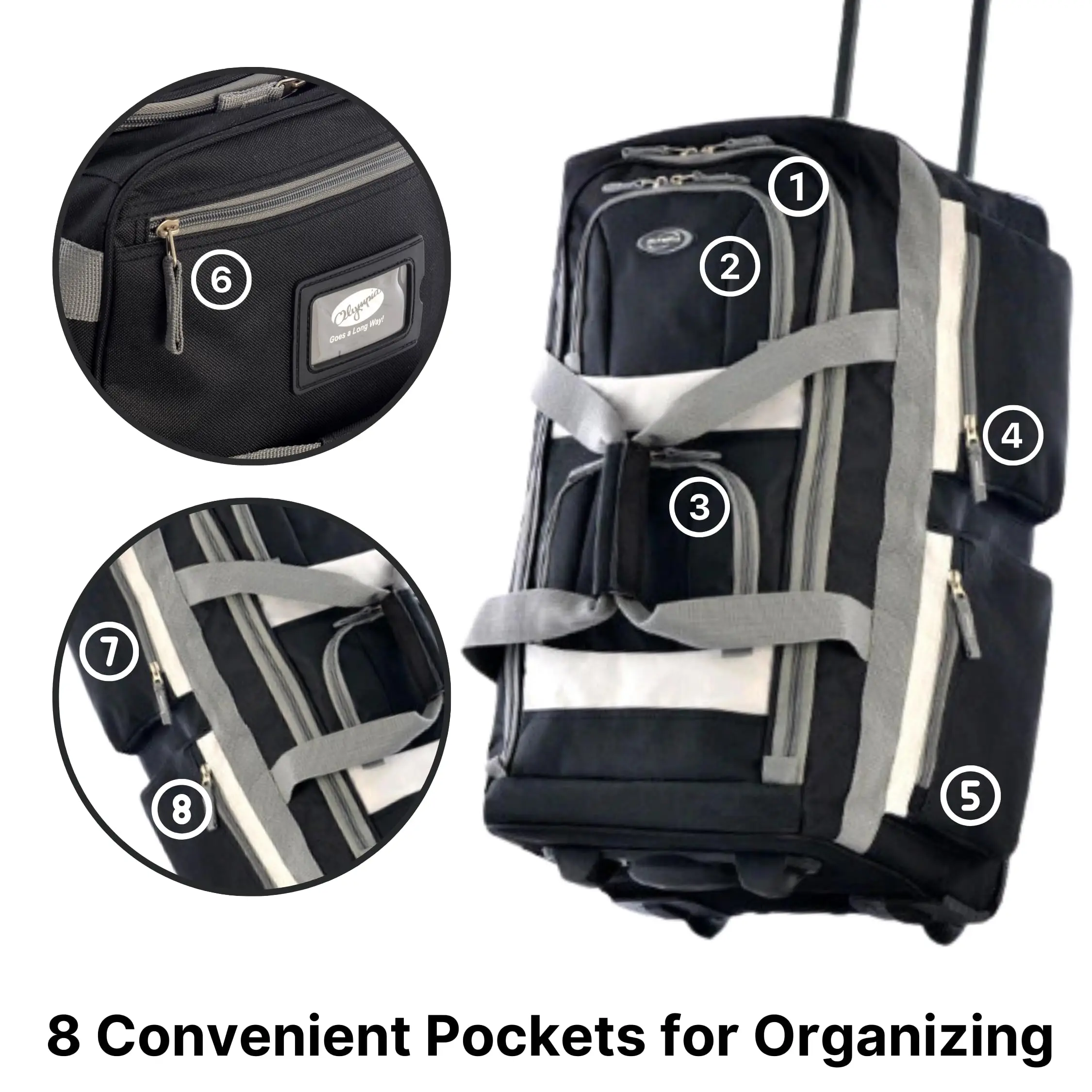 22 inch Carry On 8 Pockets Wheeled Rolling Duffel Bag Water Resistant Luggage Lightweight Travel Suitcase with