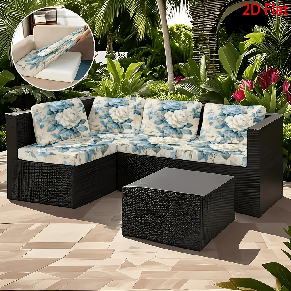 6/8pcs Blue & White Rose Outdoor Patio Sofa Cushion Cover, Removable Washable Patio Furniture Slipcover