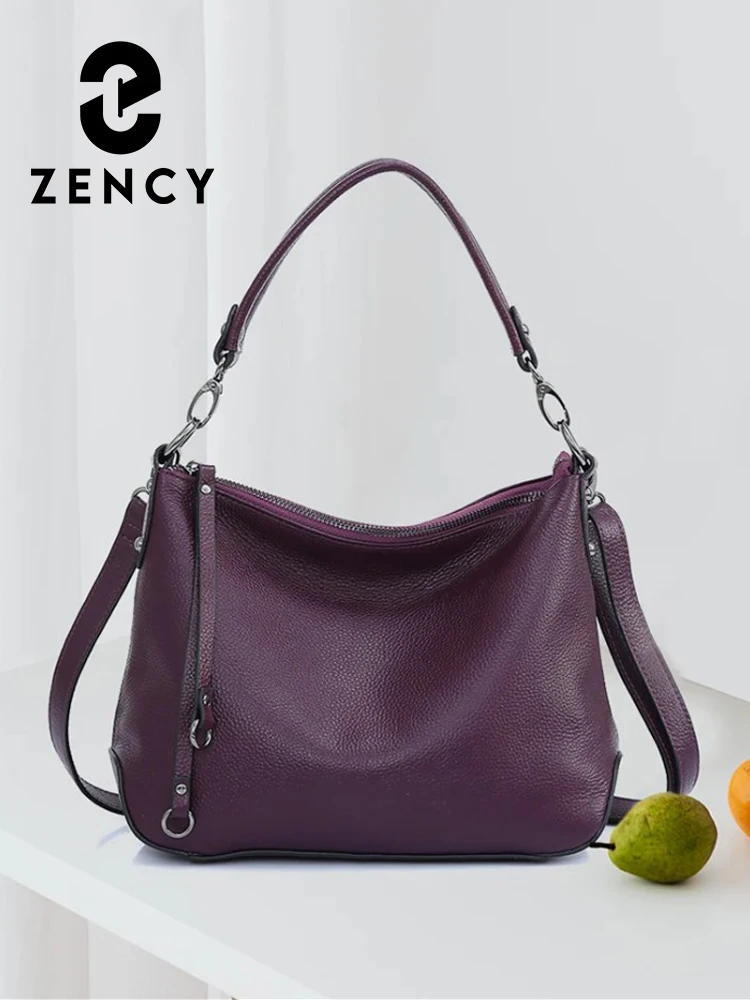 Zency Genuine Leather Bag For Women Simple Classic Handbag Hobo Bag Vintage Grey Shoulder Tote Cowhide Crossbody Bag Mom's Gift