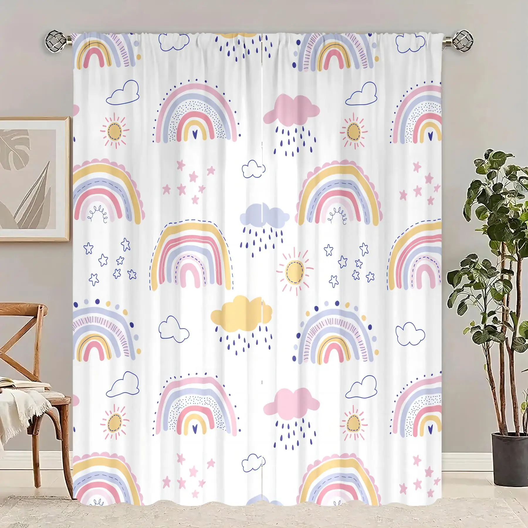 2 pieces - cartoon rainbow - printed curtain - polyester material - for bedroom living room study anti-privacy curtain