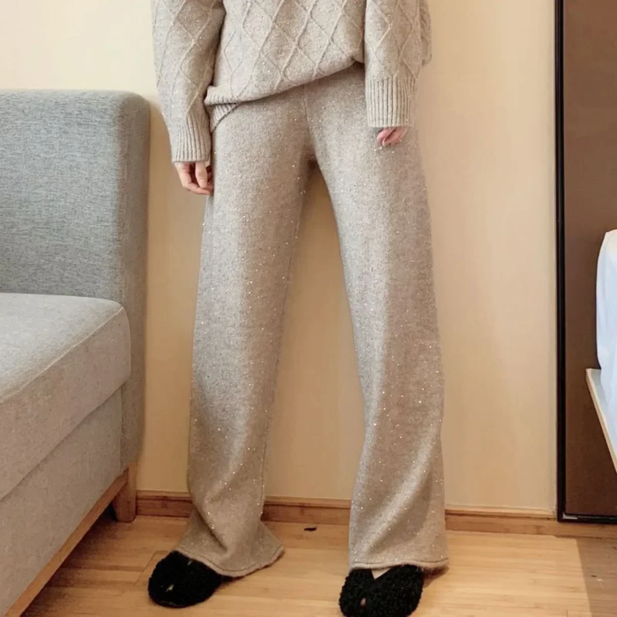 Women Autumn Winter Shiny Star Night Cashmere Knitted Pants Outerwear Bright Sequin Drape Wide Leg Wool Floor Length M417