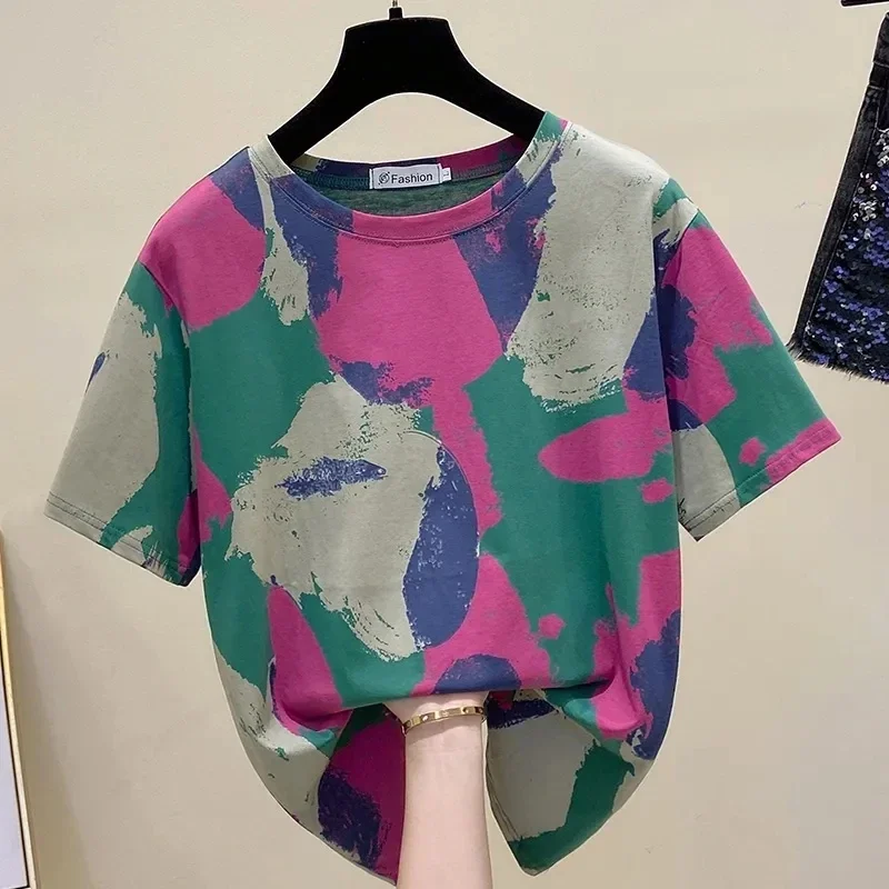 

Tie Dye Printing Vintage O-Neck Pullover Short Sleeve T-Shirt Women's Blouse Shirt Korean Fashion Female Clothing Tops 2024