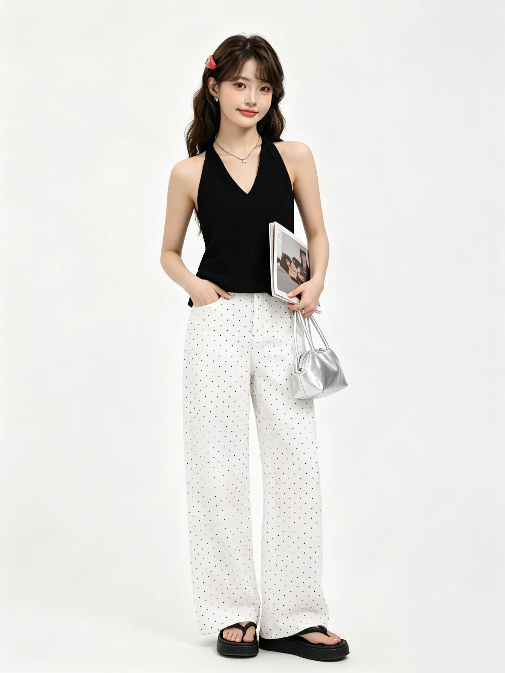 

High Waist Wide Leg Denim Pants Korean Style Polka Dot Skinnifying Floor Length Draping Long Trousers Skin Friendly Summer Ne...