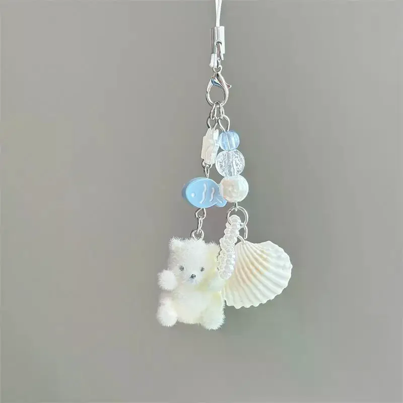 Cartoon Animal Flocked Polar Bear Shell Keychain Pendant Backpack Ornament Bag Lanyard Phone Chain Children Gifts Keyring