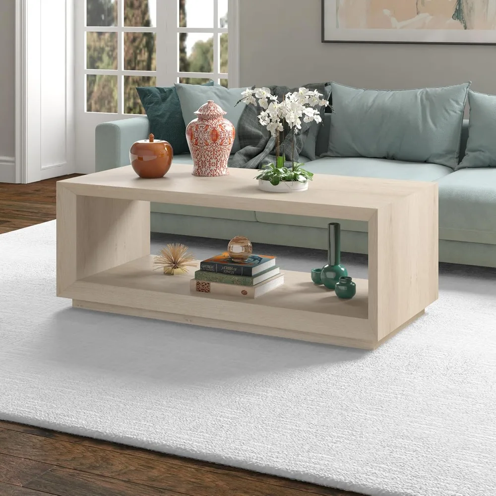 48 Rectangular Coffee Table With Open Storage Shelf For Living Room, Family Room, Or Office, Alder White