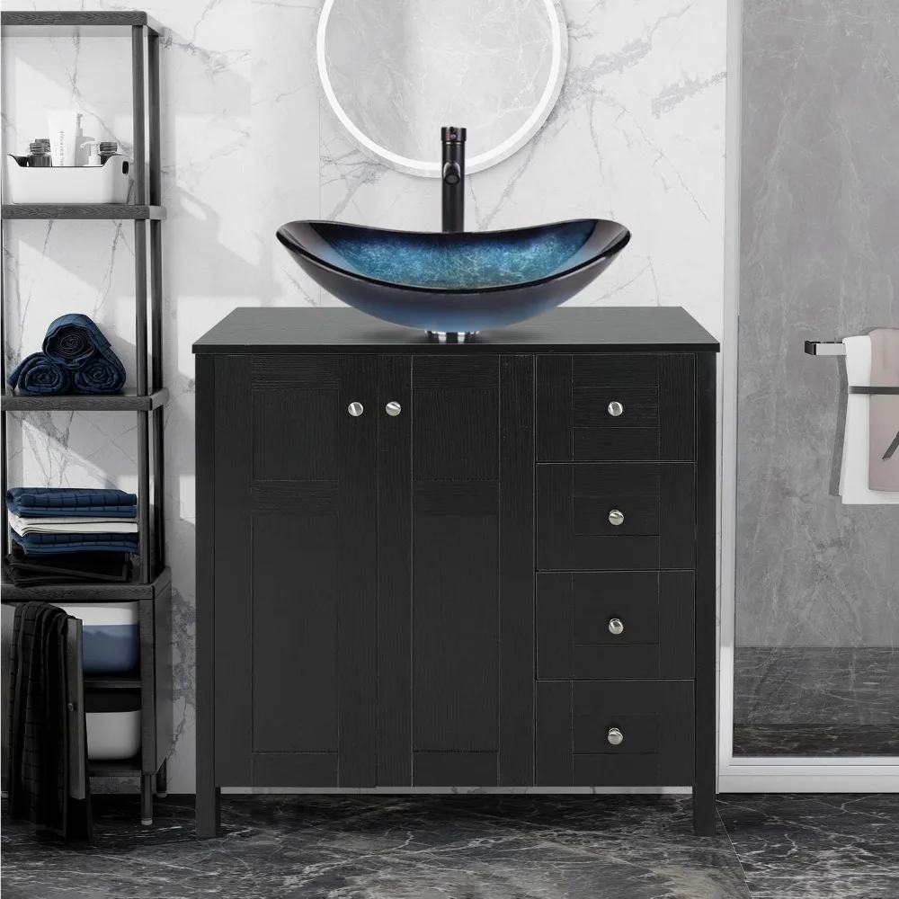 32 Inch Black Bathroom Vanity – Traditional Standing Pedestal Cabinet with Sink, Anti-Water, Easy Clean, Fits Small Baths