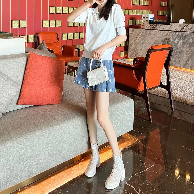 Summer White Hollow Women\'s Thick Heel High Heel Mesh Boots with Small Short Boots Breathable Thin Style