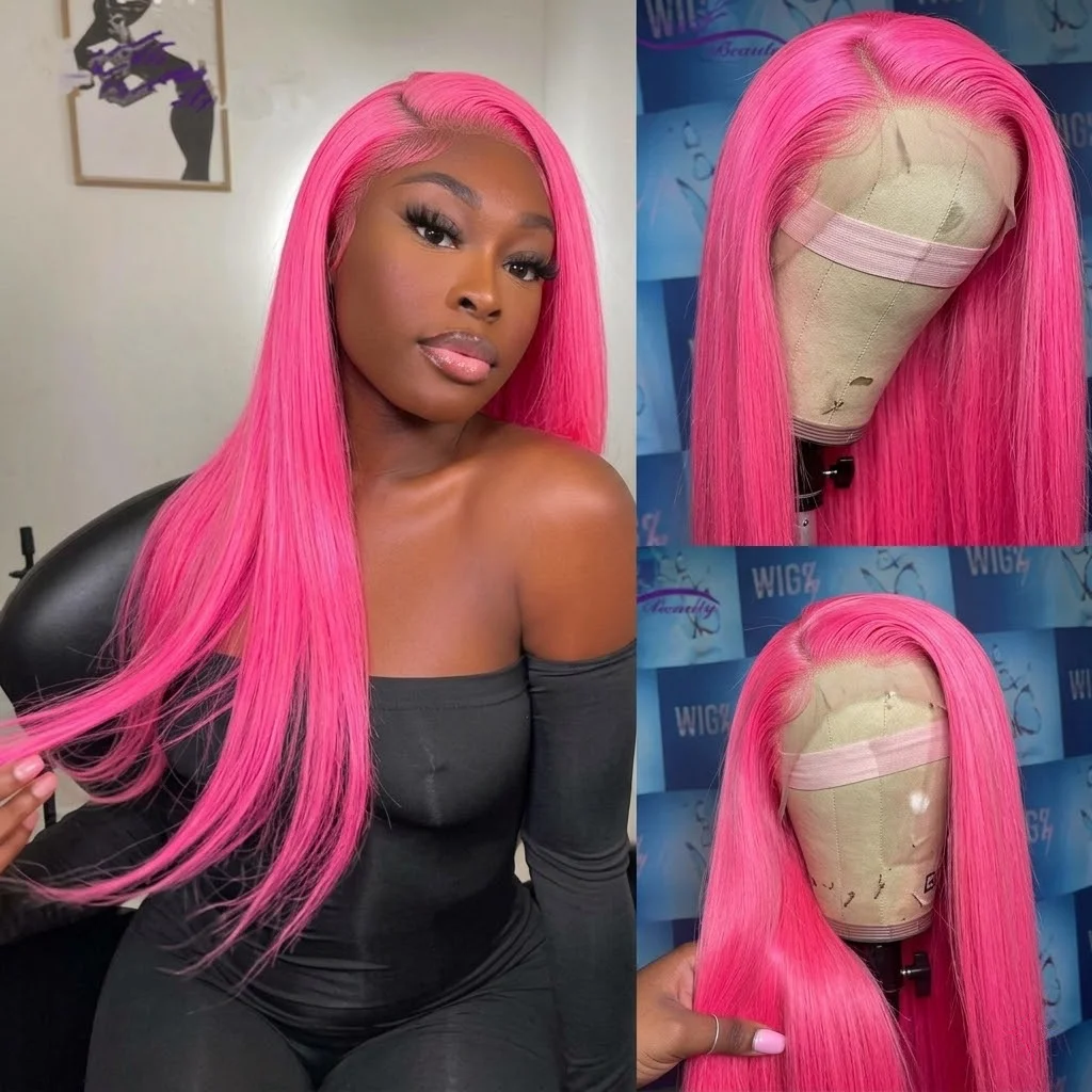 13x6 Transparent Lace Front Wig 180% 200% 220% Density Bone Straight Pre Plucked Brazilian Bright Pink Light Purple Frontal Wig 40 inch Hot Pink Human Hair Wigs For Women