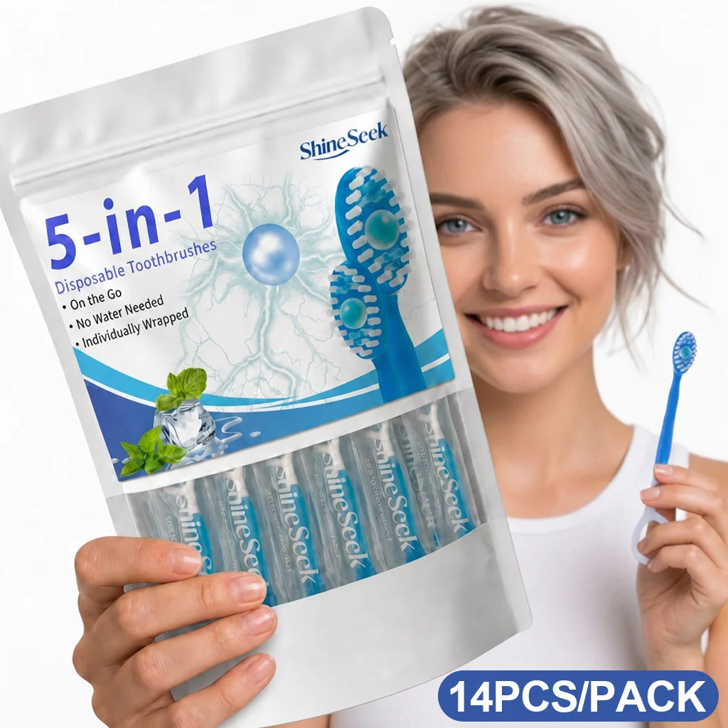 14Pcs Travel Set, Shiny Blue Five-In-One Multifunctional Toothbrush for Oral Care, Refreshing Mint Flavor, Includes Freshening Beads + Toothbrush Head + Dental Floss + Interdental Cleaning Stick + Tongue Scraper, Convenient and Soft, Teeth Cleaning and Care, Fresh Breath Anytime, Anywhere |   Travel Essentials |   Individually Packaged |   Mint |   Travel Toothbrush, Giving You an Unprecedentedly Comfortable Experience!