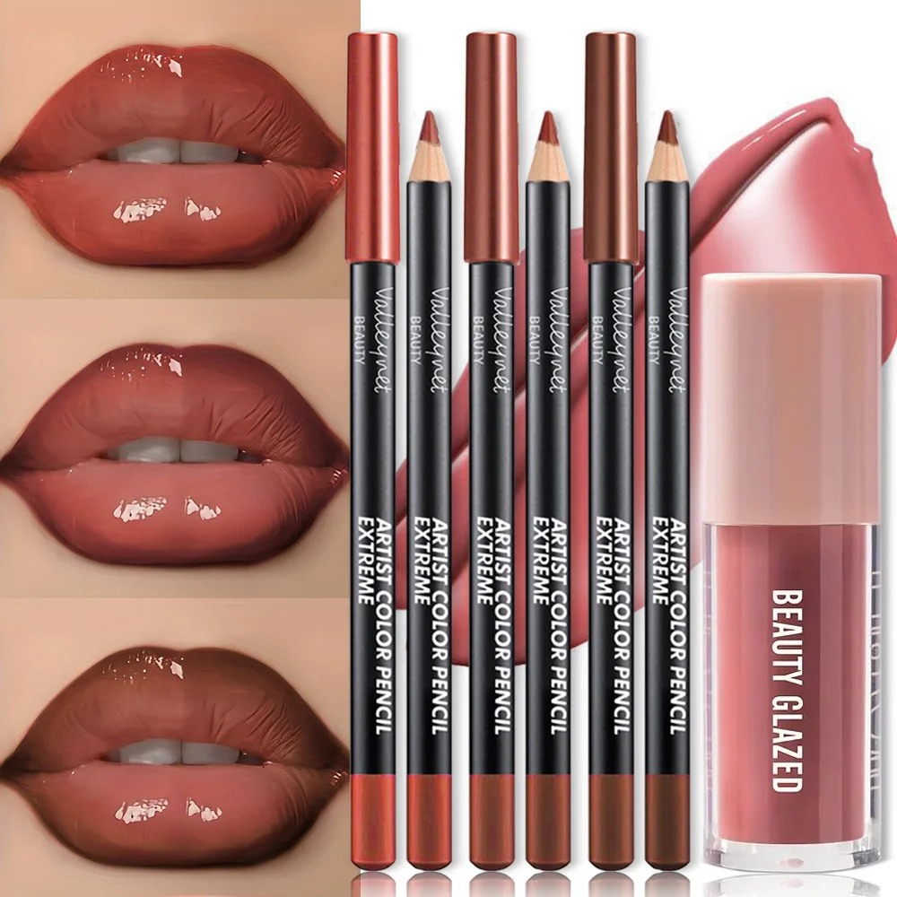 4 TEILE/SATZ Lipgloss Lippenöl Lipliner Lip Combo Set Langlebiger wasserdichter Lipliner 3D Lippen-Make-up Jeder Make-up-Stil